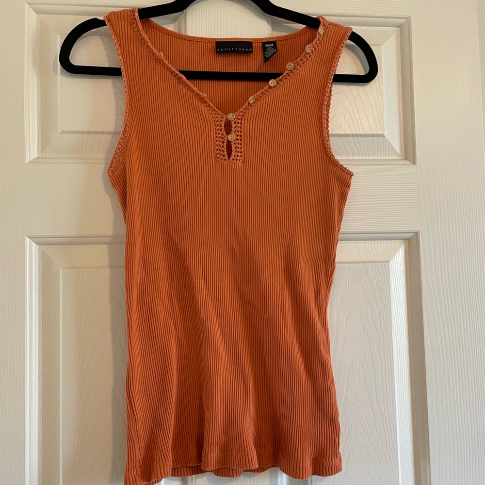 Apostrophe Orange Ribbed Cotton Y2K button tank top